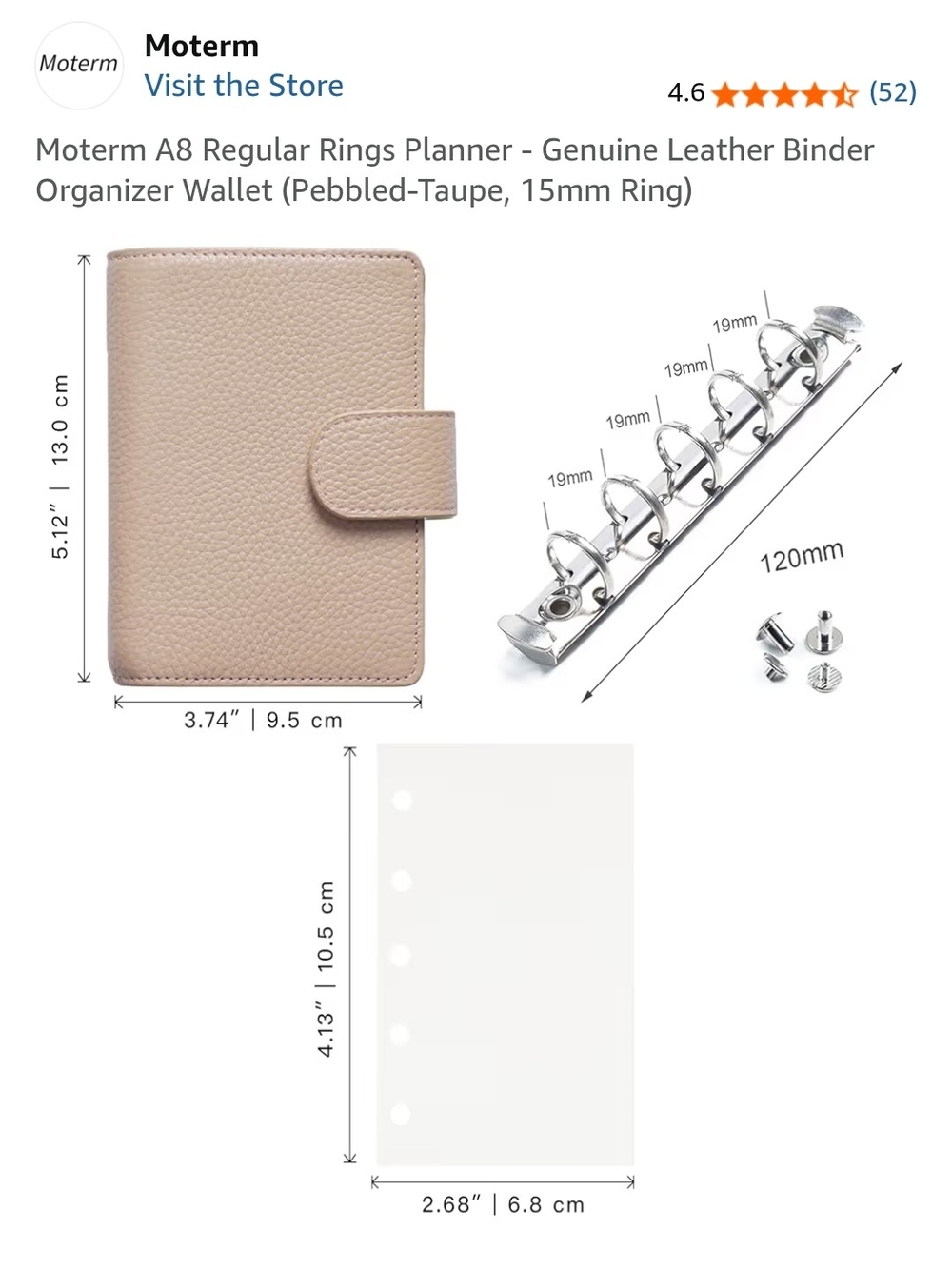 Moterm Pebbled Taupe A8 Leather Ring Planner Wallet